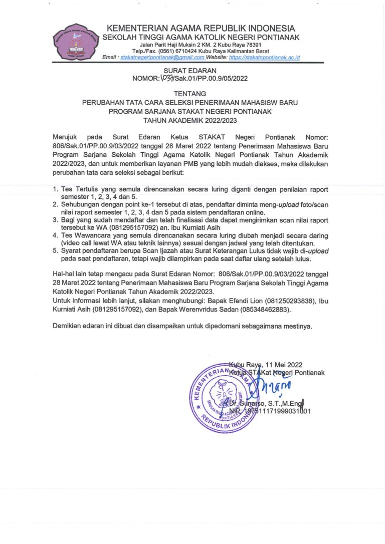 PERUBAHAN TATA CARA SELEKSI PMB PROGRAM SARJANA STAKAT N PONTIANAK